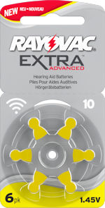 10AE (YELLOW tab) hearing aid batteries. 
<B>Capacity:</b> 95mAh
6 batteries per card.